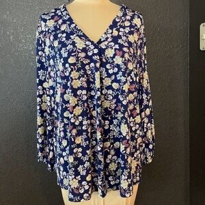 Two by Vince Camuto blue floral jersey knit stretch vneck long sleeve blouse top